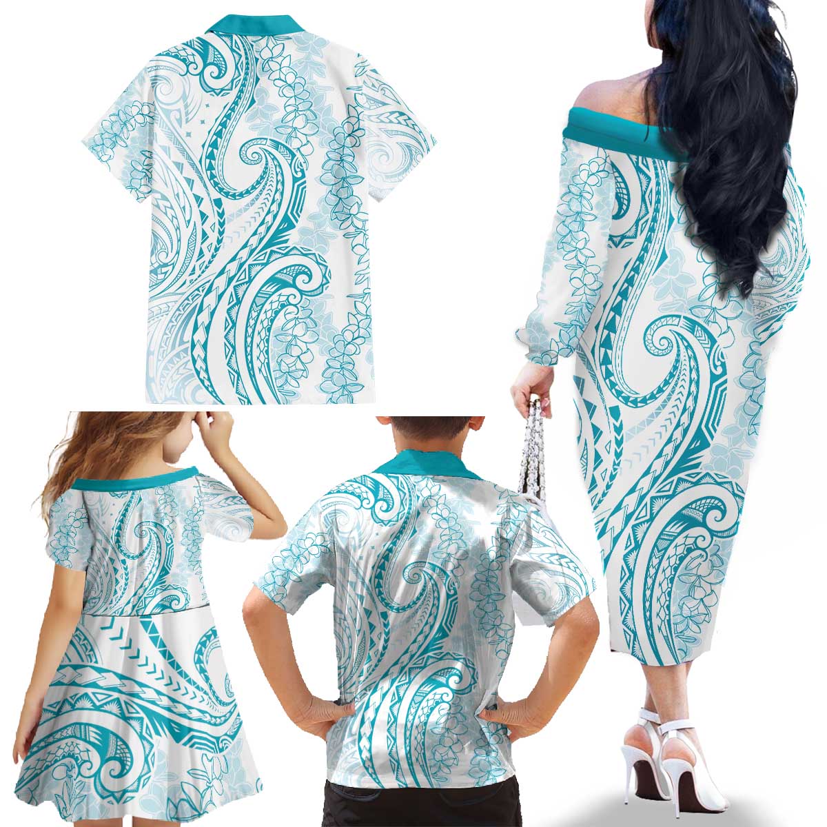 Polynesia Plumeria Lei Family Matching Off The Shoulder Long Sleeve Dress and Hawaiian Shirt White Turquoise Curves Motif LT7 - Polynesian Pride