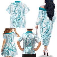 Polynesia Plumeria Lei Family Matching Off The Shoulder Long Sleeve Dress and Hawaiian Shirt White Turquoise Curves Motif LT7 - Polynesian Pride
