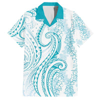 Polynesia Plumeria Lei Family Matching Off The Shoulder Long Sleeve Dress and Hawaiian Shirt White Turquoise Curves Motif LT7 Dad's Shirt - Short Sleeve Turquoise - Polynesian Pride