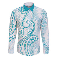 Polynesia Plumeria Lei Family Matching Off The Shoulder Long Sleeve Dress and Hawaiian Shirt White Turquoise Curves Motif LT7 Dad's Shirt - Long Sleeve Turquoise - Polynesian Pride