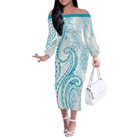 Polynesia Plumeria Lei Family Matching Off The Shoulder Long Sleeve Dress and Hawaiian Shirt White Turquoise Curves Motif LT7 Mom's Dress Turquoise - Polynesian Pride