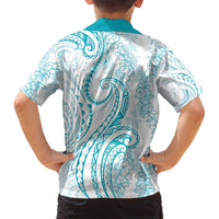 Polynesia Plumeria Lei Family Matching Off Shoulder Short Dress and Hawaiian Shirt White Turquoise Curves Motif LT7 - Polynesian Pride