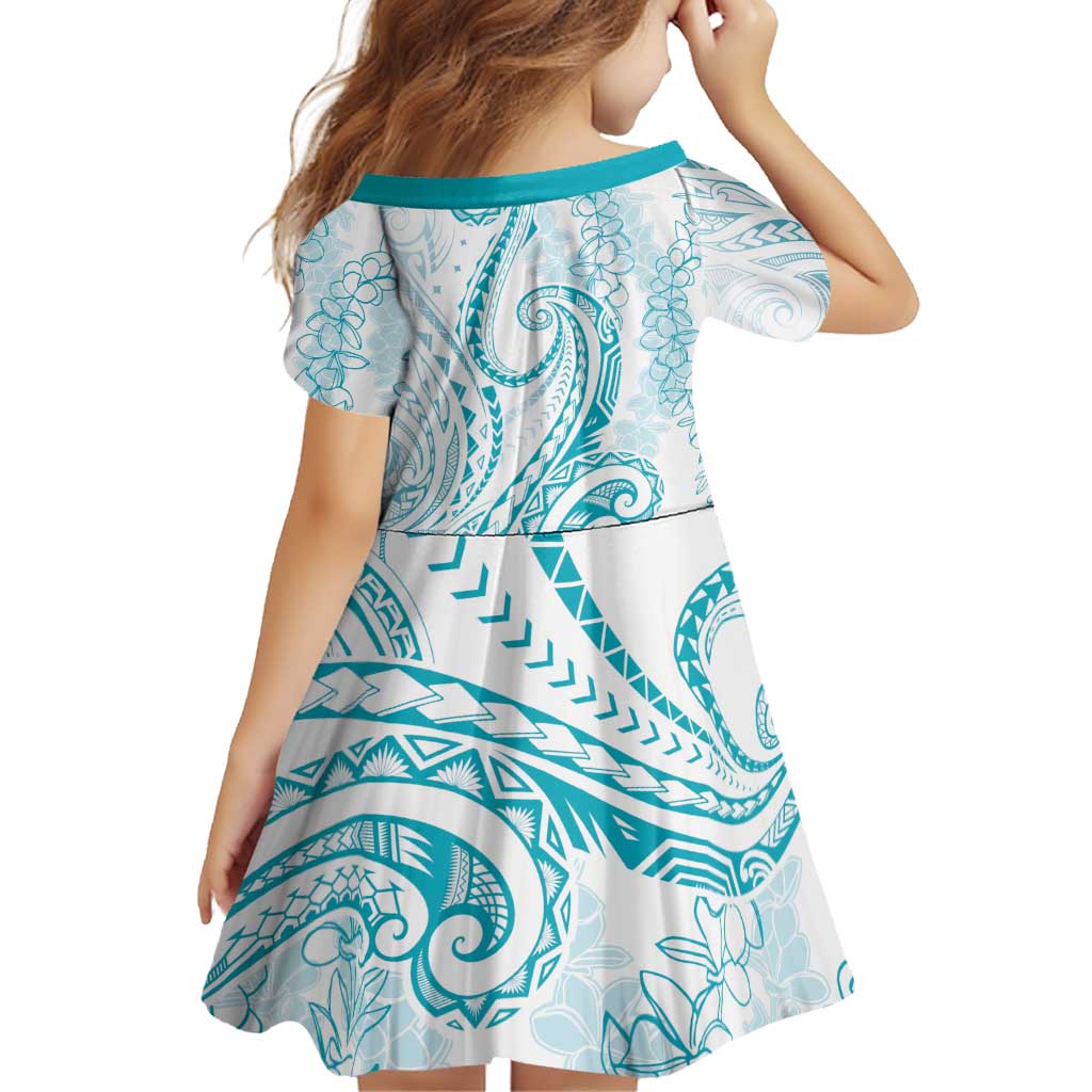 Polynesia Plumeria Lei Family Matching Off Shoulder Short Dress and Hawaiian Shirt White Turquoise Curves Motif LT7 - Polynesian Pride