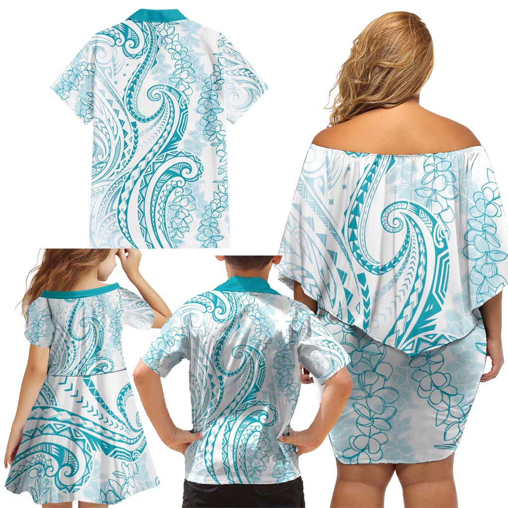 Polynesia Plumeria Lei Family Matching Off Shoulder Short Dress and Hawaiian Shirt White Turquoise Curves Motif LT7 - Polynesian Pride