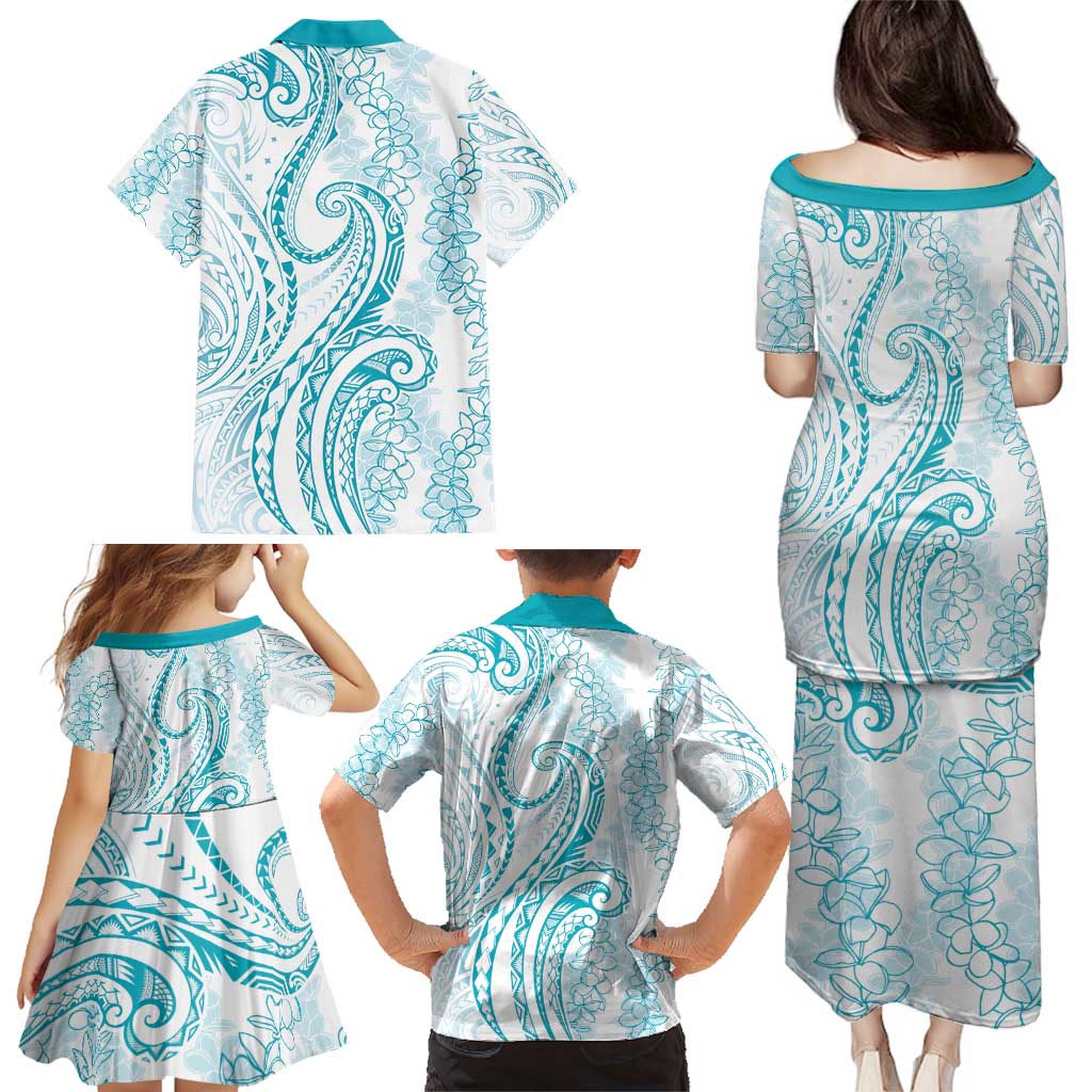 Polynesia Plumeria Lei Family Matching Puletasi and Hawaiian Shirt White Turquoise Curves Motif LT7 - Polynesian Pride
