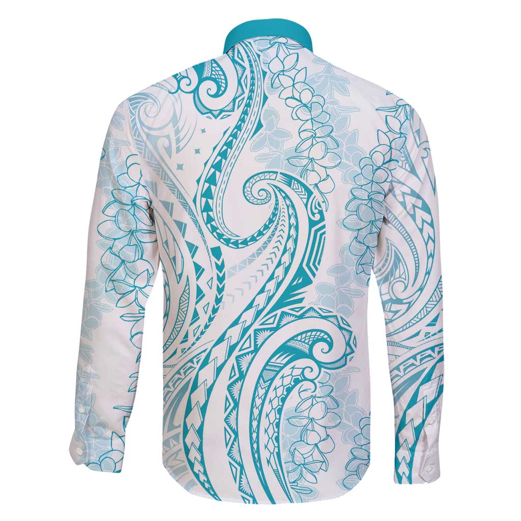 Polynesia Plumeria Lei Family Matching Puletasi and Hawaiian Shirt White Turquoise Curves Motif LT7 - Polynesian Pride