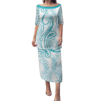 Polynesia Plumeria Lei Family Matching Puletasi and Hawaiian Shirt White Turquoise Curves Motif LT7 Mom's Dress Turquoise - Polynesian Pride