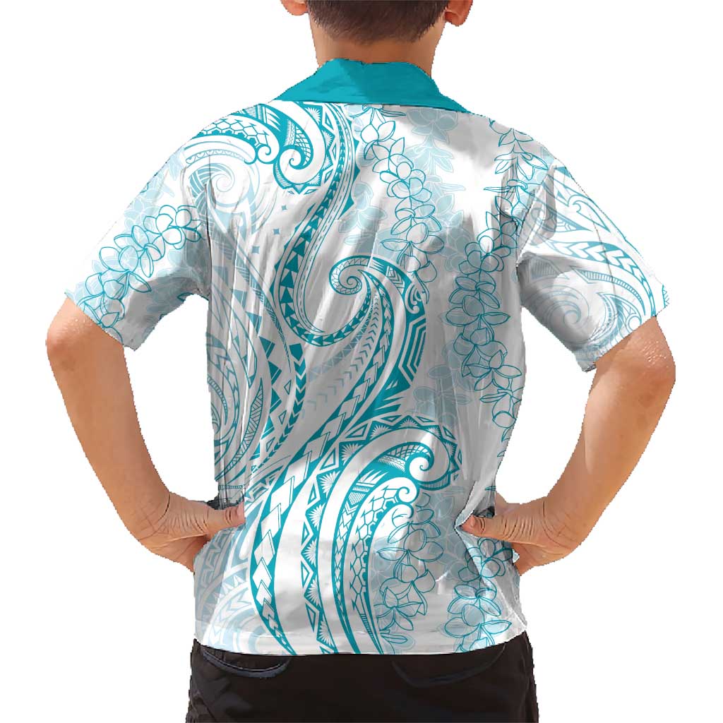 Polynesia Plumeria Lei Family Matching Short Sleeve Bodycon Dress and Hawaiian Shirt White Turquoise Curves Motif LT7 - Polynesian Pride