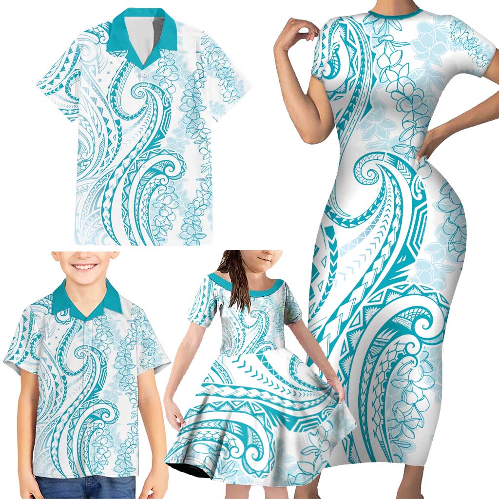 Polynesia Plumeria Lei Family Matching Short Sleeve Bodycon Dress and Hawaiian Shirt White Turquoise Curves Motif LT7 - Polynesian Pride