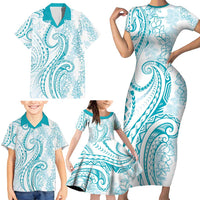 Polynesia Plumeria Lei Family Matching Short Sleeve Bodycon Dress and Hawaiian Shirt White Turquoise Curves Motif LT7 - Polynesian Pride