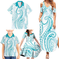 Polynesia Plumeria Lei Family Matching Summer Maxi Dress and Hawaiian Shirt White Turquoise Curves Motif LT7 - Polynesian Pride