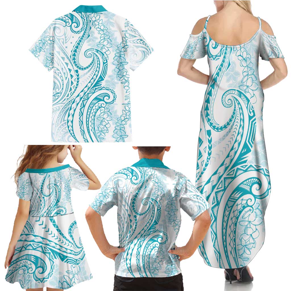 Polynesia Plumeria Lei Family Matching Summer Maxi Dress and Hawaiian Shirt White Turquoise Curves Motif LT7 - Polynesian Pride