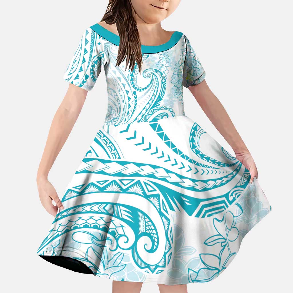 Polynesia Plumeria Lei Family Matching Tank Maxi Dress and Hawaiian Shirt White Turquoise Curves Motif LT7 Daughter's Dress Turquoise - Polynesian Pride