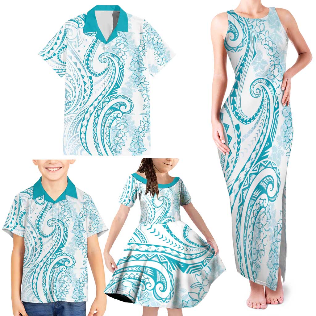 Polynesia Plumeria Lei Family Matching Tank Maxi Dress and Hawaiian Shirt White Turquoise Curves Motif LT7 - Polynesian Pride