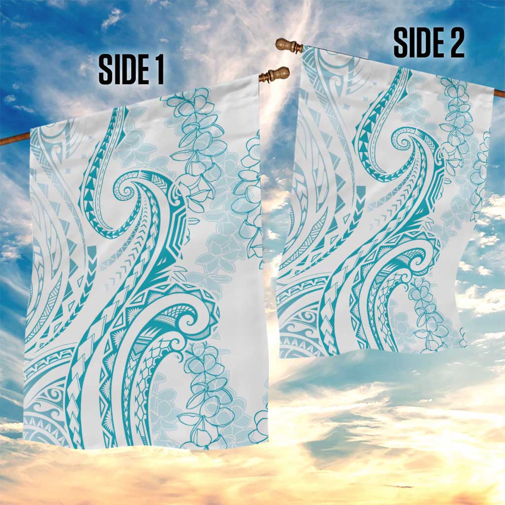 Polynesia Plumeria Lei Garden Flag White Turquoise Curves Motif