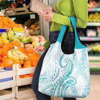 Polynesia Plumeria Lei Grocery Bag White Turquoise Curves Motif