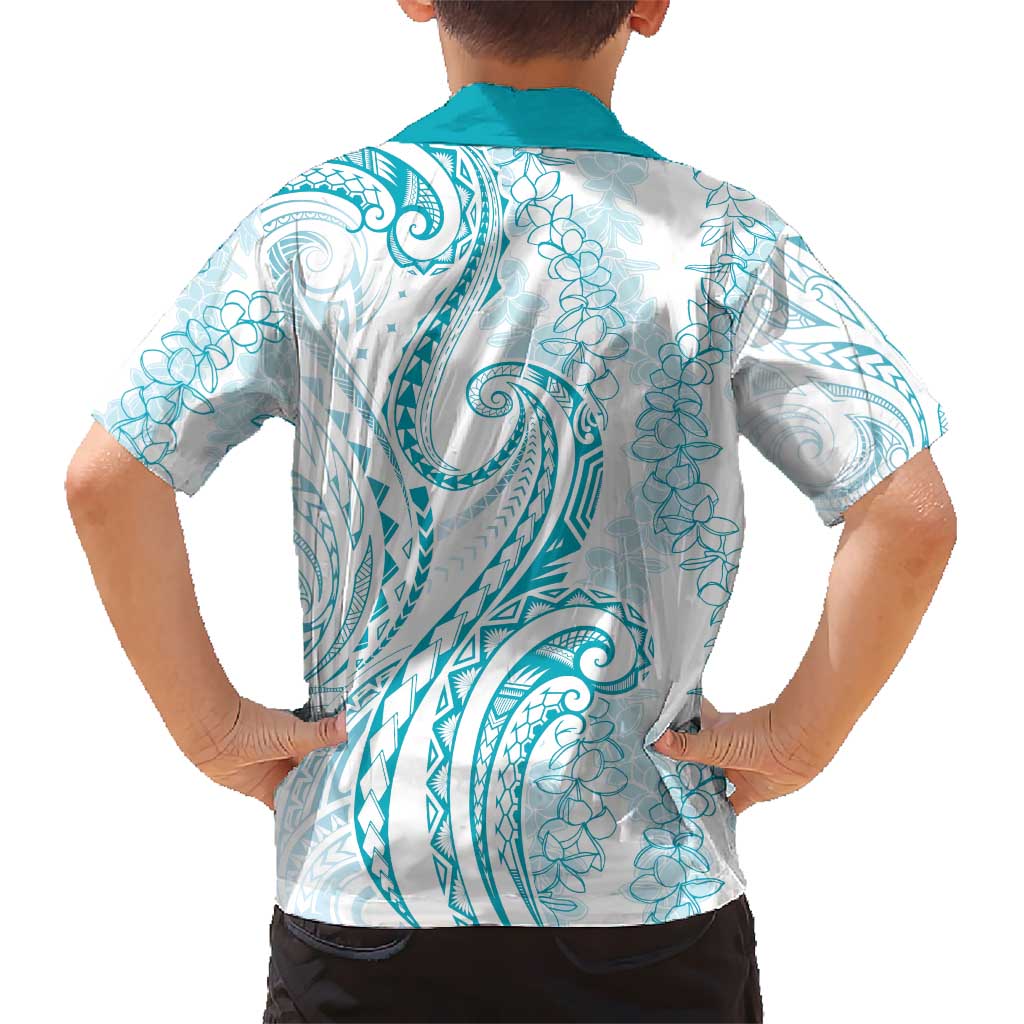 Polynesia Plumeria Lei Hawaiian Shirt White Turquoise Curves Motif