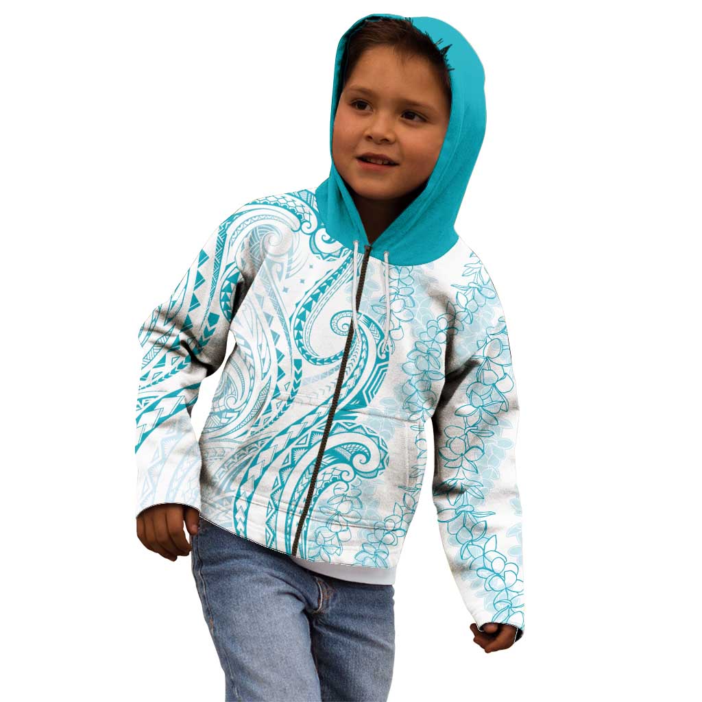 Polynesia Plumeria Lei Kid Hoodie White Turquoise Curves Motif