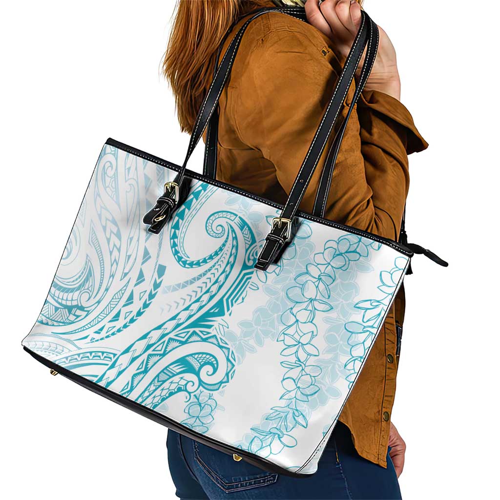 Polynesia Plumeria Lei Leather Tote Bag White Turquoise Curves Motif