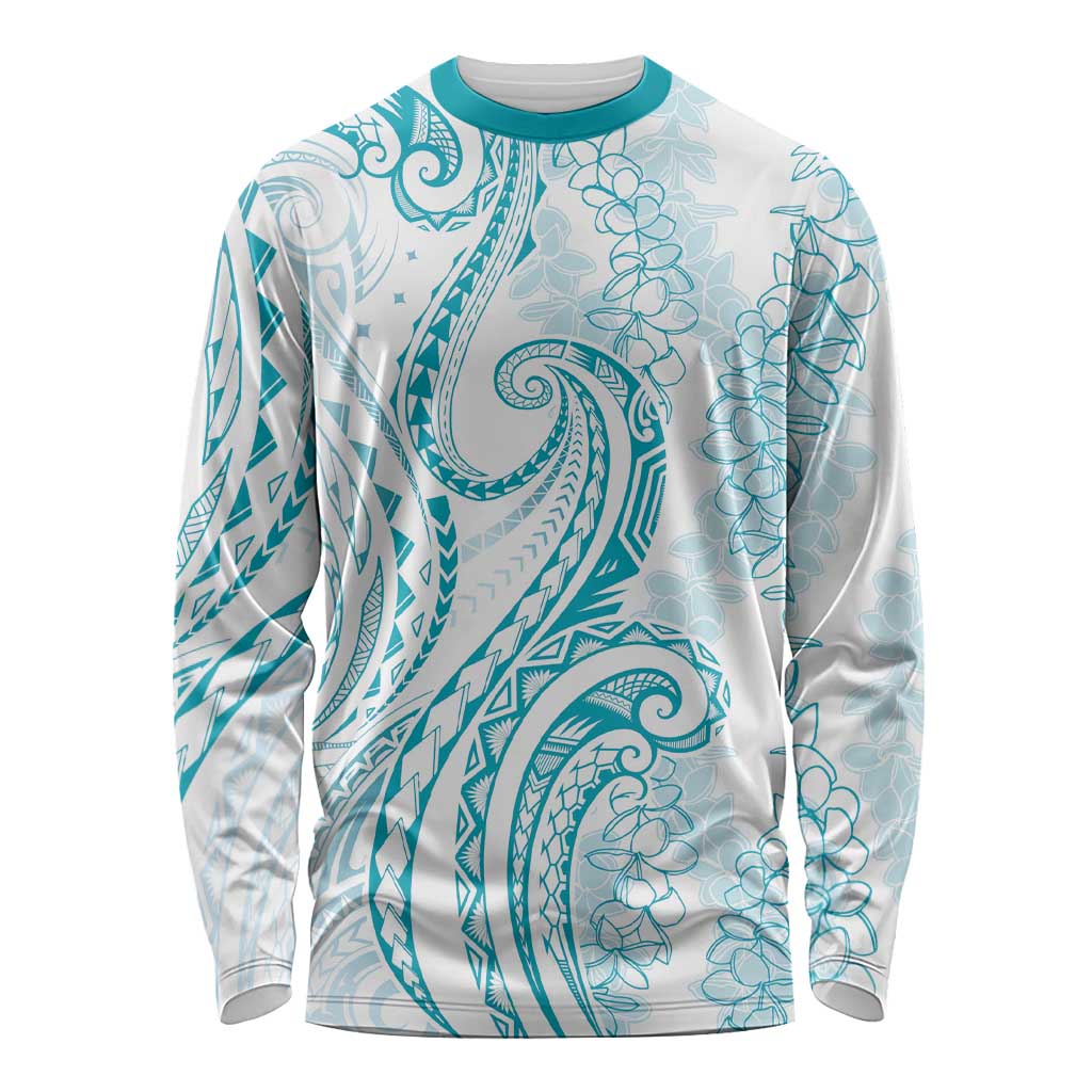 Polynesia Plumeria Lei Long Sleeve Shirt White Turquoise Curves Motif