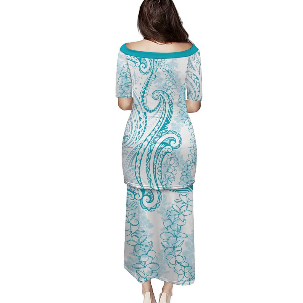 Polynesia Plumeria Lei Puletasi White Turquoise Curves Motif