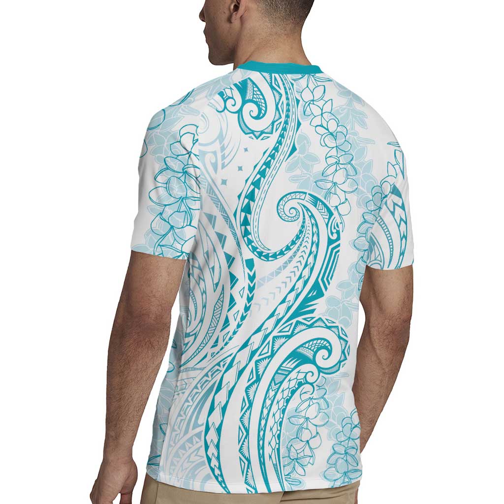 Polynesia Plumeria Lei Rugby Jersey White Turquoise Curves Motif