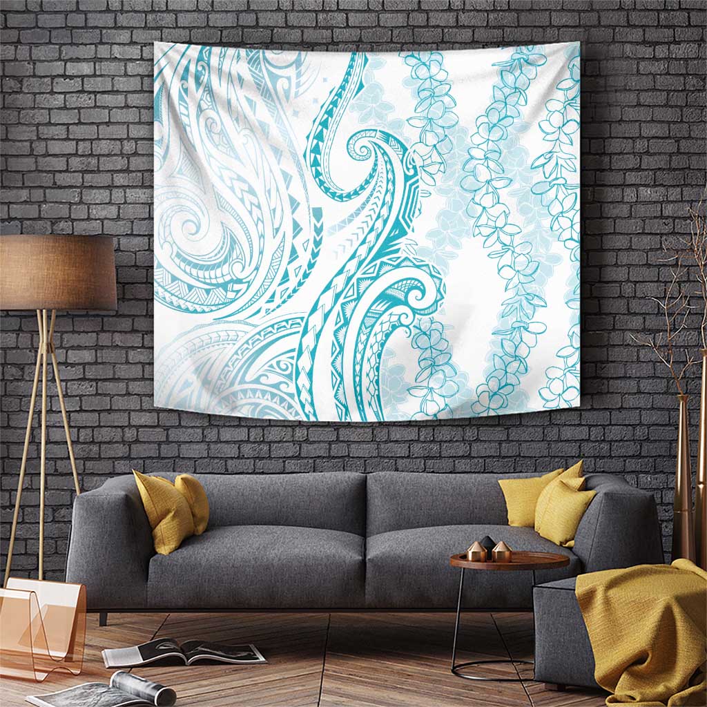 Polynesia Plumeria Lei Tapestry White Turquoise Curves Motif