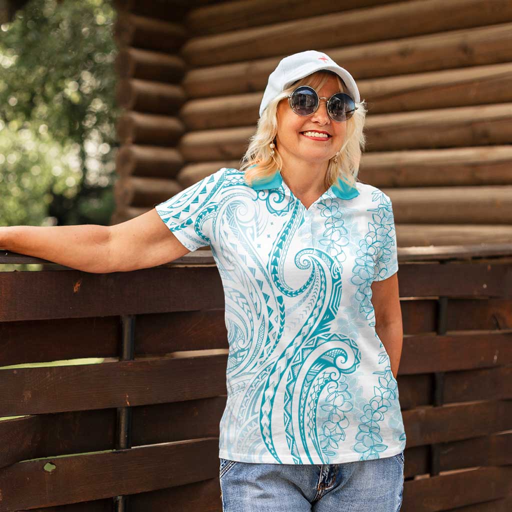 Polynesia Plumeria Lei Women Polo Shirt White Turquoise Curves Motif
