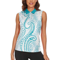 Polynesia Plumeria Lei Women Sleeveless Polo Shirt White Turquoise Curves Motif