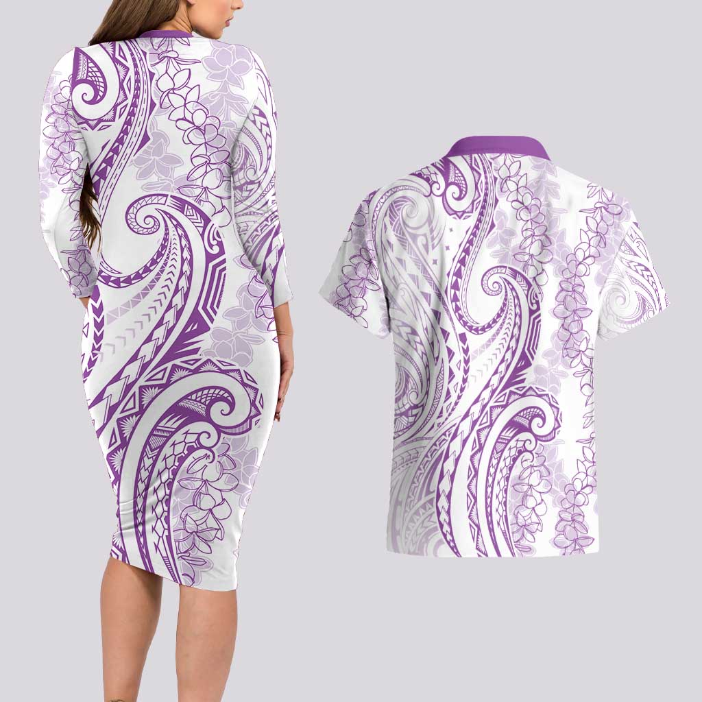 Polynesia Plumeria Lei Couples Matching Long Sleeve Bodycon Dress and Hawaiian Shirt White Violet Curves Motif LT7 - Polynesian Pride