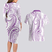 Polynesia Plumeria Lei Couples Matching Long Sleeve Bodycon Dress and Hawaiian Shirt White Violet Curves Motif LT7 - Polynesian Pride