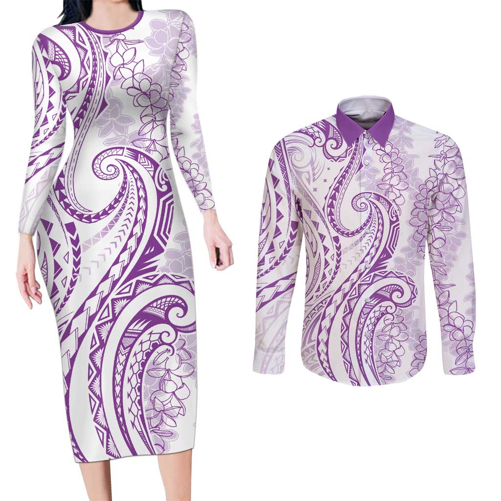 Polynesia Plumeria Lei Couples Matching Long Sleeve Bodycon Dress and Long Sleeve Button Shirt White Violet Curves Motif