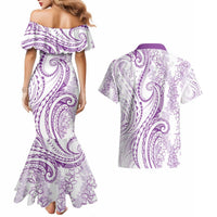Polynesia Plumeria Lei Couples Matching Mermaid Dress and Hawaiian Shirt White Violet Curves Motif LT7 - Polynesian Pride
