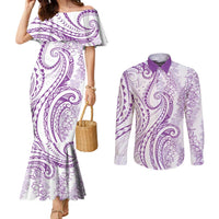 Polynesia Plumeria Lei Couples Matching Mermaid Dress and Long Sleeve Button Shirt White Violet Curves Motif