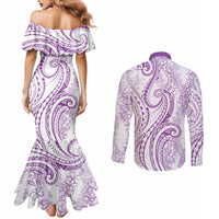 Polynesia Plumeria Lei Couples Matching Mermaid Dress and Long Sleeve Button Shirt White Violet Curves Motif
