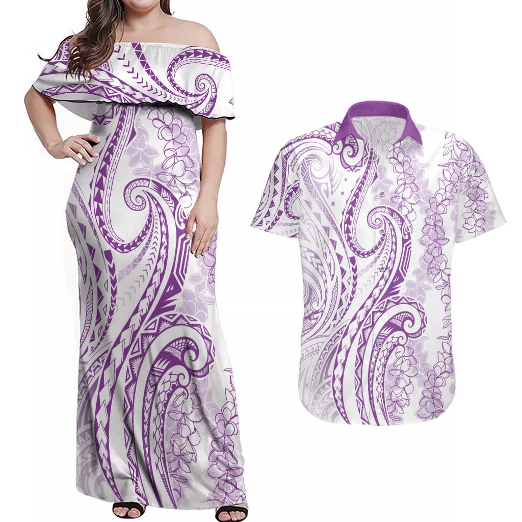 Polynesia Plumeria Lei Couples Matching Off Shoulder Maxi Dress and Hawaiian Shirt White Violet Curves Motif LT7 Violet - Polynesian Pride
