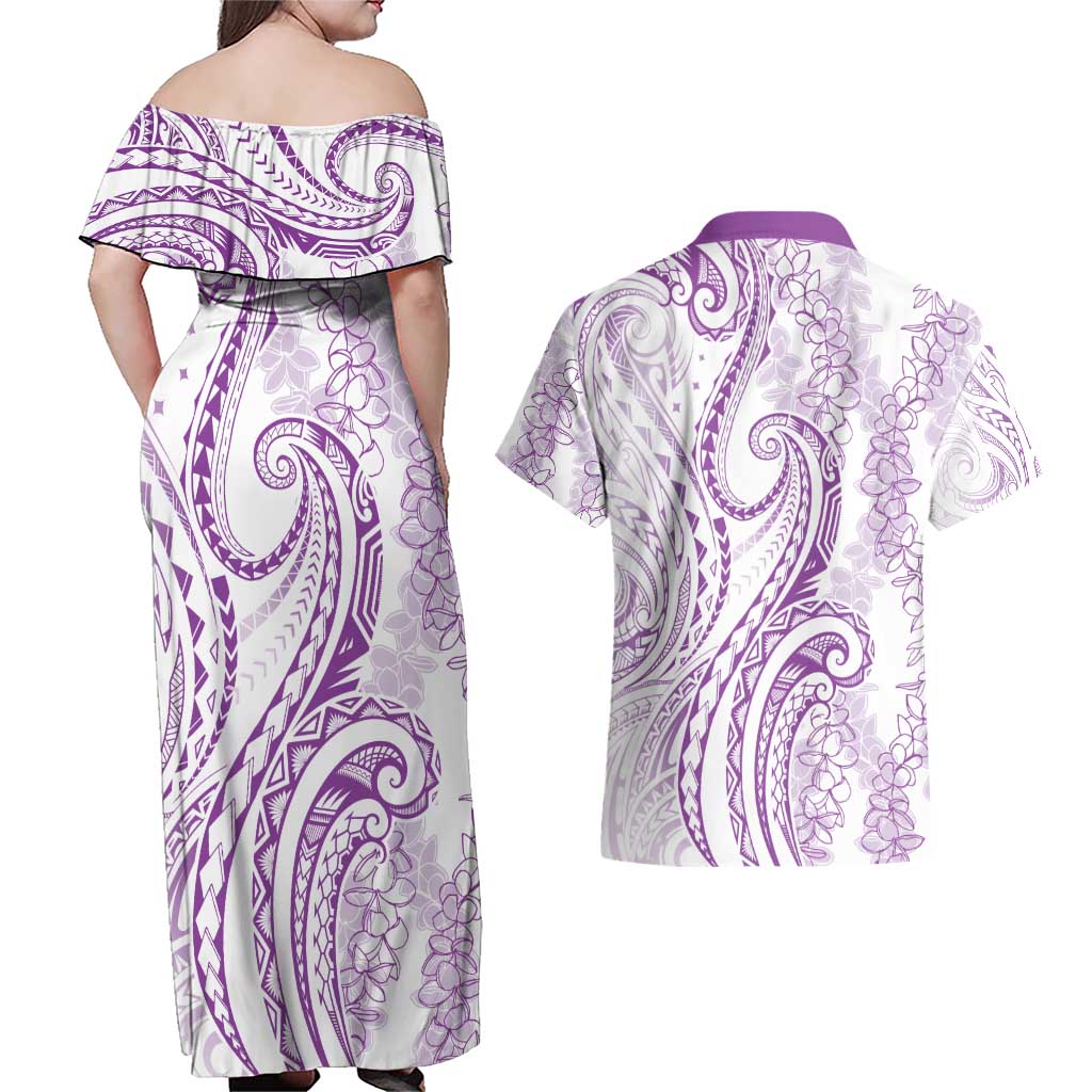 Polynesia Plumeria Lei Couples Matching Off Shoulder Maxi Dress and Hawaiian Shirt White Violet Curves Motif LT7 - Polynesian Pride