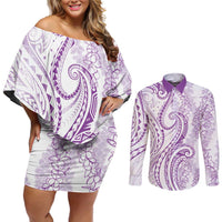 Polynesia Plumeria Lei Couples Matching Off Shoulder Short Dress and Long Sleeve Button Shirt White Violet Curves Motif