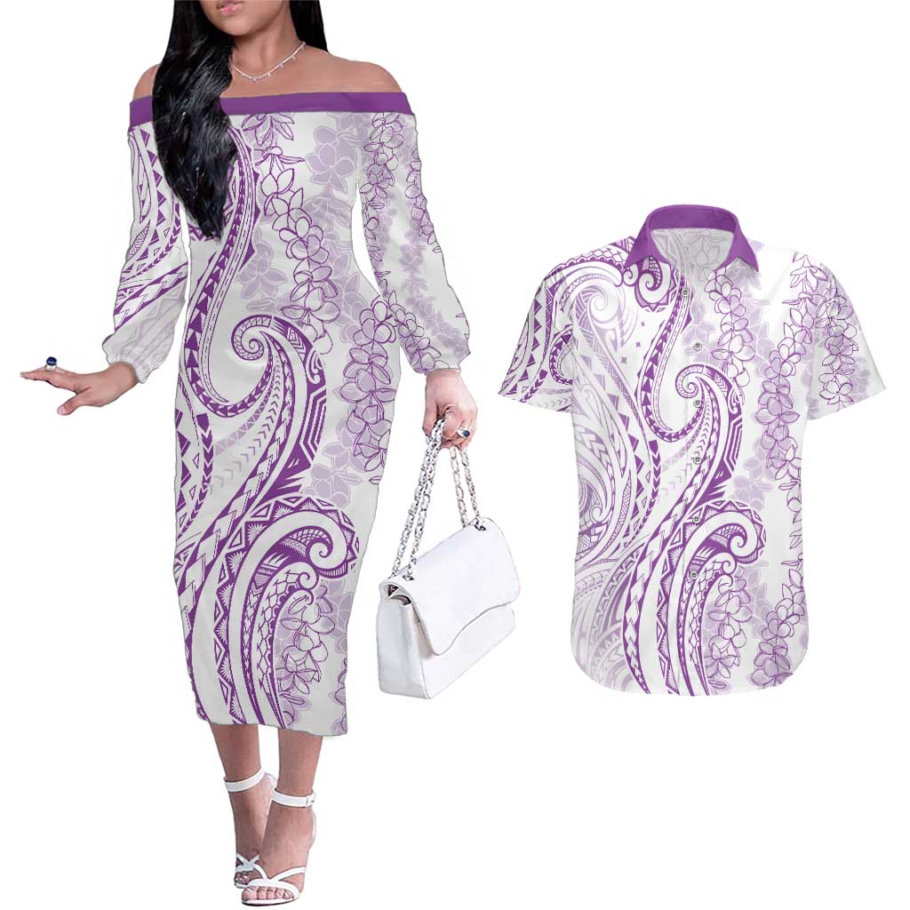 Polynesia Plumeria Lei Couples Matching Off The Shoulder Long Sleeve Dress and Hawaiian Shirt White Violet Curves Motif LT7 Violet - Polynesian Pride