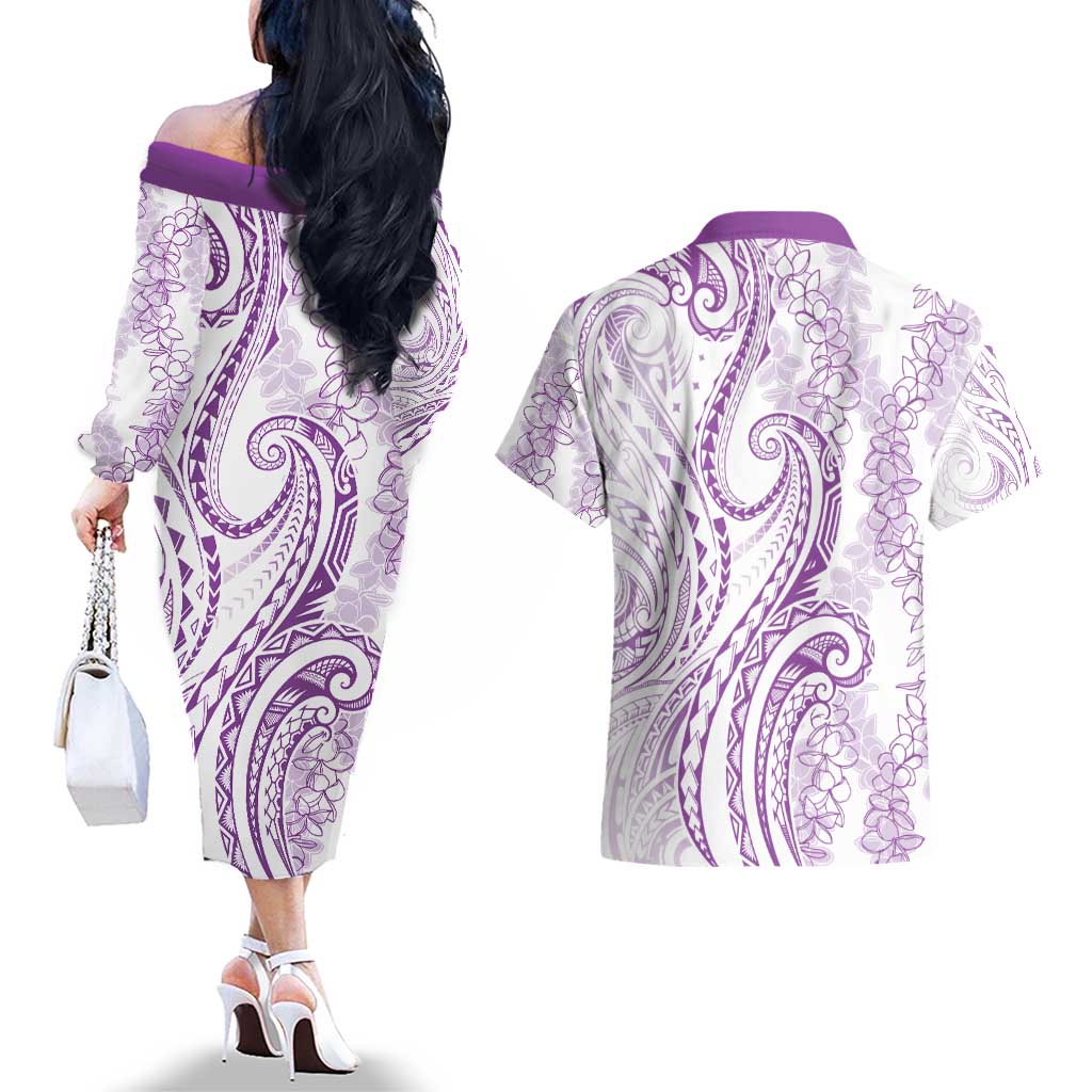 Polynesia Plumeria Lei Couples Matching Off The Shoulder Long Sleeve Dress and Hawaiian Shirt White Violet Curves Motif LT7 - Polynesian Pride