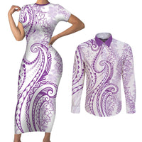 Polynesia Plumeria Lei Couples Matching Short Sleeve Bodycon Dress and Long Sleeve Button Shirt White Violet Curves Motif LT7 Violet - Polynesian Pride