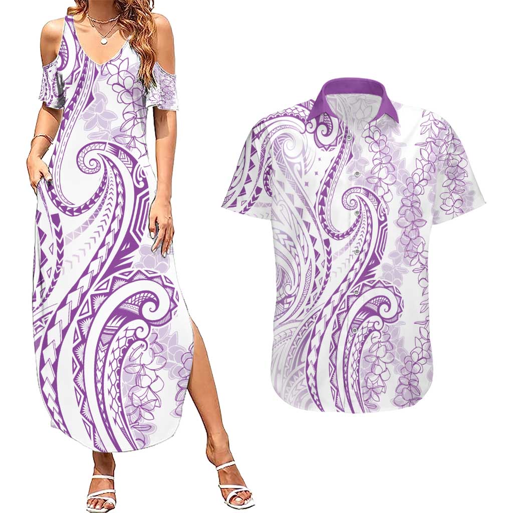 Polynesia Plumeria Lei Couples Matching Summer Maxi Dress and Hawaiian Shirt White Violet Curves Motif LT7 Violet - Polynesian Pride