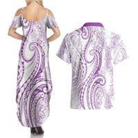 Polynesia Plumeria Lei Couples Matching Summer Maxi Dress and Hawaiian Shirt White Violet Curves Motif LT7 - Polynesian Pride