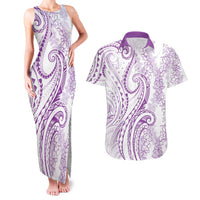 Polynesia Plumeria Lei Couples Matching Tank Maxi Dress and Hawaiian Shirt White Violet Curves Motif LT7 Violet - Polynesian Pride