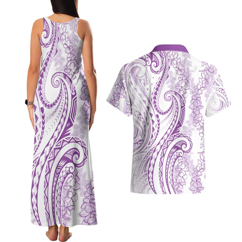 Polynesia Plumeria Lei Couples Matching Tank Maxi Dress and Hawaiian Shirt White Violet Curves Motif LT7 - Polynesian Pride