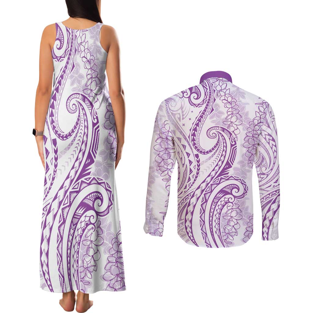 Polynesia Plumeria Lei Couples Matching Tank Maxi Dress and Long Sleeve Button Shirt White Violet Curves Motif