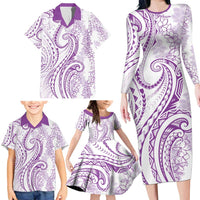 Polynesia Plumeria Lei Family Matching Long Sleeve Bodycon Dress and Hawaiian Shirt White Violet Curves Motif LT7 - Polynesian Pride
