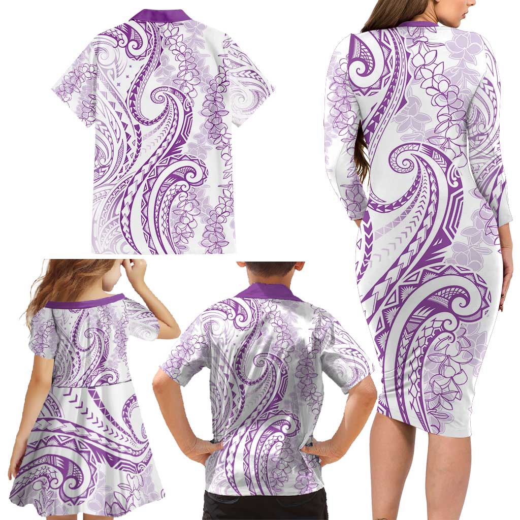Polynesia Plumeria Lei Family Matching Long Sleeve Bodycon Dress and Hawaiian Shirt White Violet Curves Motif LT7 - Polynesian Pride