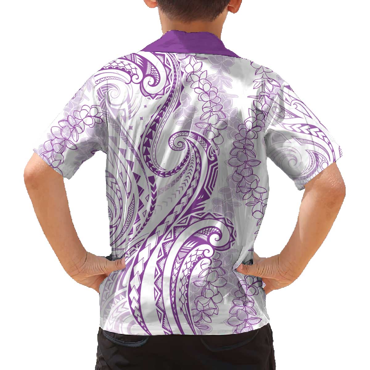 Polynesia Plumeria Lei Family Matching Off The Shoulder Long Sleeve Dress and Hawaiian Shirt White Violet Curves Motif LT7 - Polynesian Pride