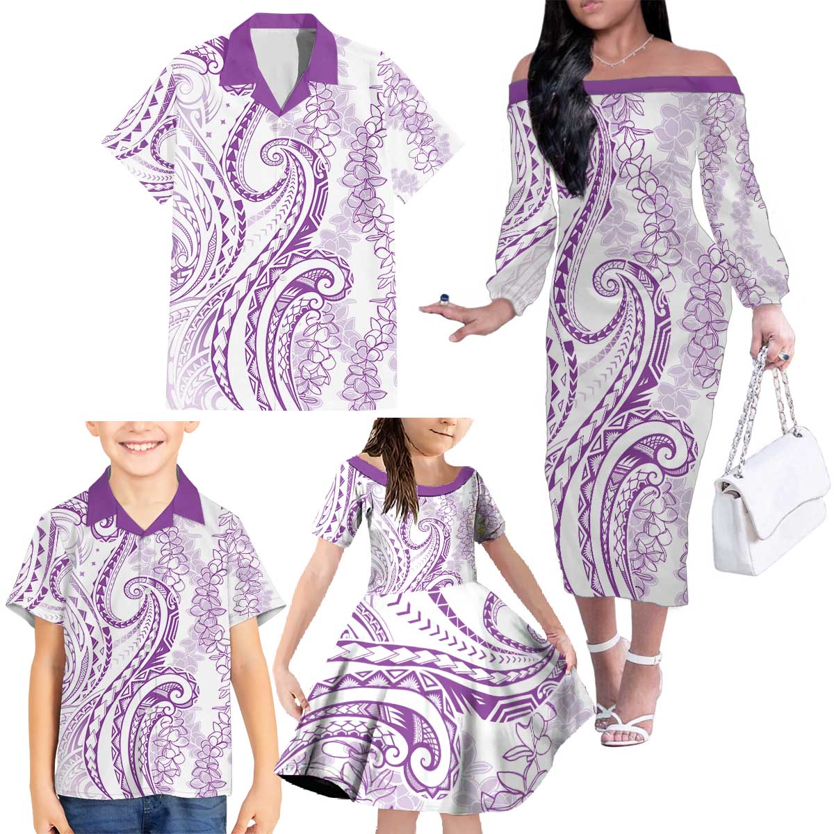 Polynesia Plumeria Lei Family Matching Off The Shoulder Long Sleeve Dress and Hawaiian Shirt White Violet Curves Motif LT7 - Polynesian Pride